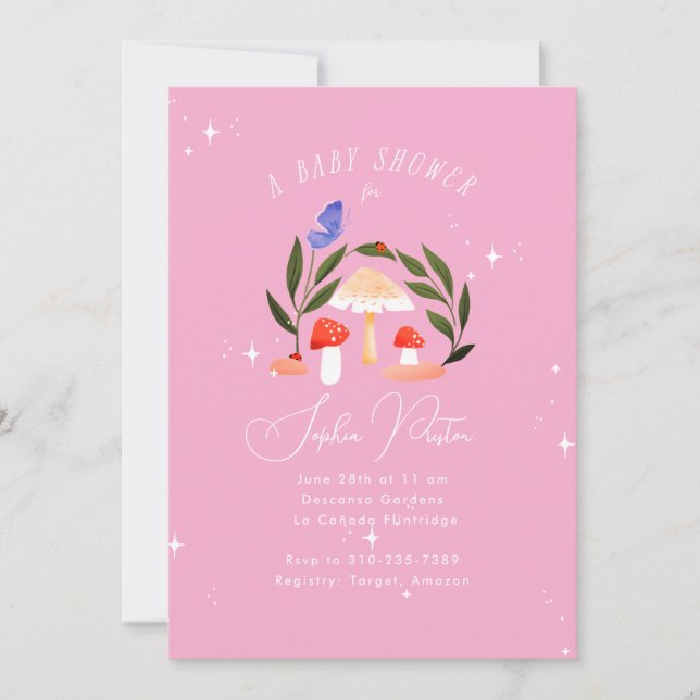 Magic Fairy Garden Mushroom och Butterfly Baby Inbjudningar (Framsida)