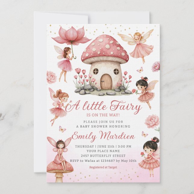 Magic Fairy Rosa söt Blommigt Garden Baby Shower Inbjudningar (Framsida)