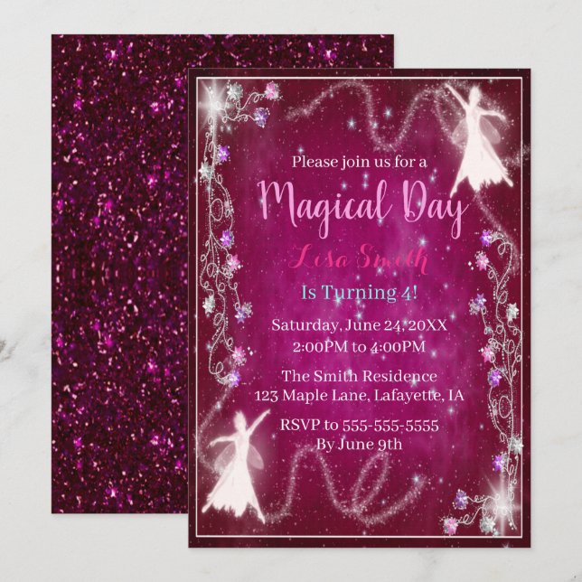 Magic Fairy Rosa Starry Night Födelsedagsfest Inbjudningar (Fram/baksida)