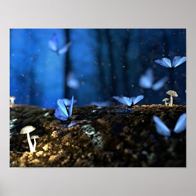 Magic Fairy Skogen med Butterflies och Mushroom Poster (Framsidan)
