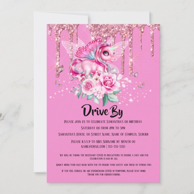 Magic Fairy Unicorn butterfly glitter rosa ros Inbjudningar (Framsida)