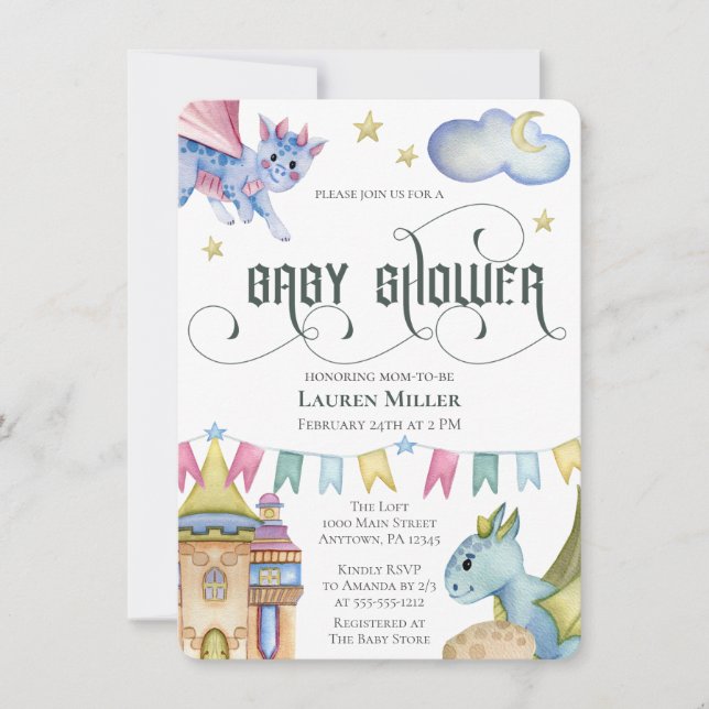 Magic Fairytale Dragon Baby Shower Inbjudningar (Framsida)
