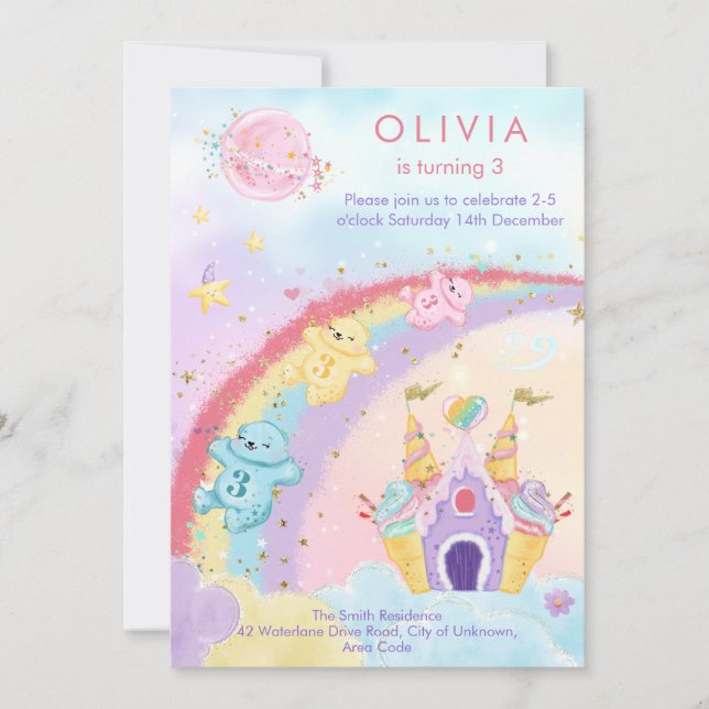 Magic Fantasy Rainbow Bears Barns födelsedag Inbjudningar (Framsida)