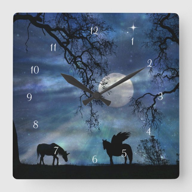 Magic Fantasy Unicorn och Pegasus Clock Fyrkantig Klocka (Framsida)