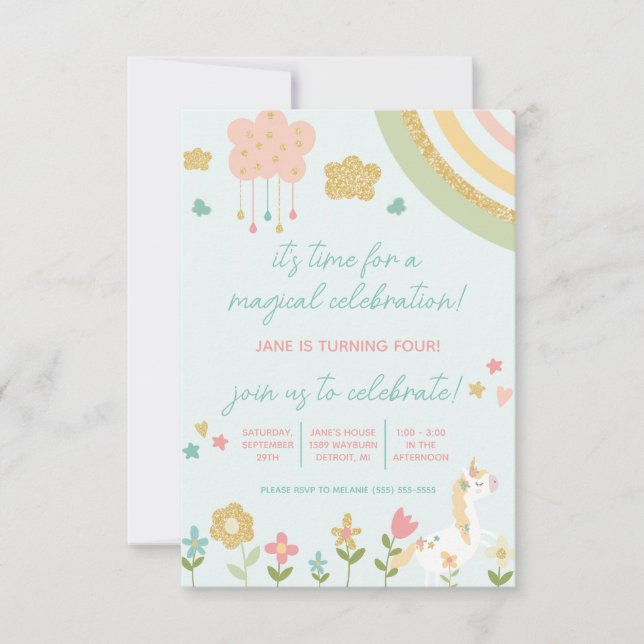 Magic Firande, Unicorn, Rainbow Birthday Inbjudningar (Framsida)