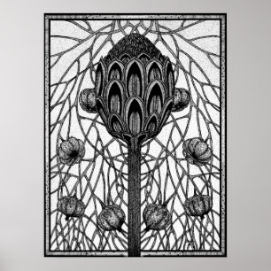 Magic Flower Grenar Plant Bläck Teckning Poster