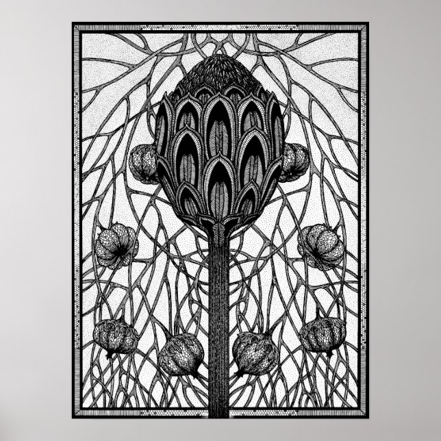 Magic Flower Grenar Plant Bläck Teckning Poster (Framsidan)
