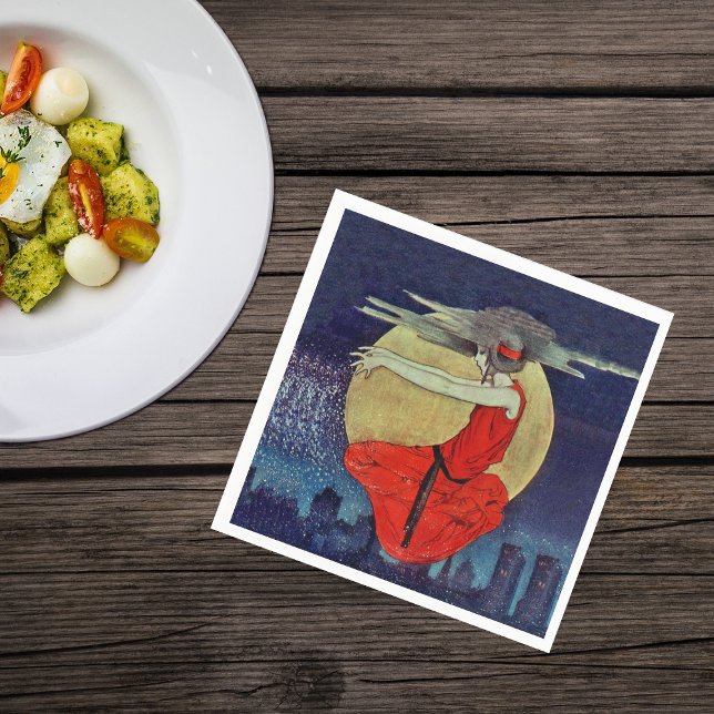 Magic Flytande Woman Måne Night Himlar Witch Pappersservett (Magical women red dress floating in night sky yellow moon over city lights on napkins.)