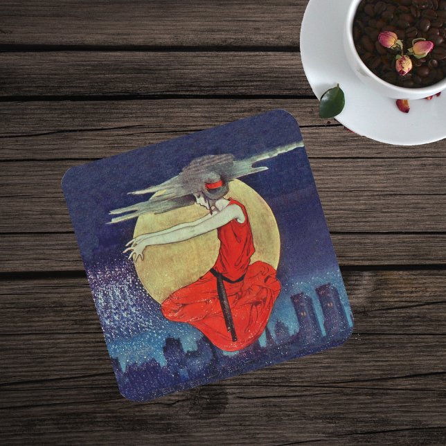 Magic Flytande Woman Måne Night Himlar Witch Underlägg Papper Kvadrat (Magic Witch lady red dress in sky over city buildings at night with moon clouds on drink coaster.)