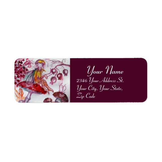 MAGIC FOLLET AV MUSHROOMS Red White Lila Fantasy Returadress Etikett (Framsidan)
