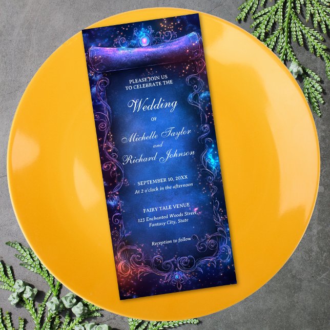 Magic Forest Fairy Tale Bröllop Rulla Inbjudningar (enchanted magic blue and purple scroll wedding invitation)