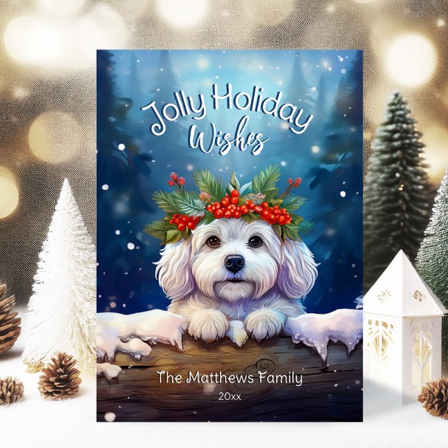 Magic Forest Jolly jul Önskemål Bichon Frise Julkort (Adorable Winter Snowy Scene With Peeking Dogs or Farm/Woodland Animals - Over 50 to Choose From!)