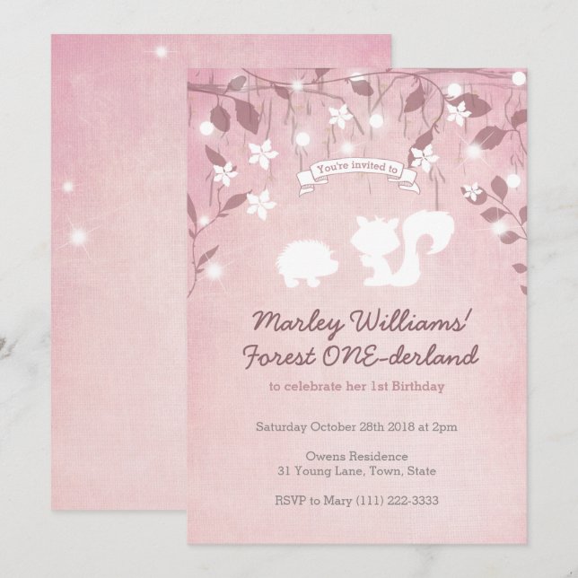 Magic Forest ONEderland Girl 1st Birthday Inbjudningar (Fram/baksida)