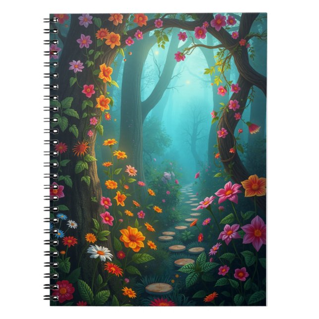 Magic Forest Pathway med Whimsical Wildblommor Anteckningsbok (Framsidan)