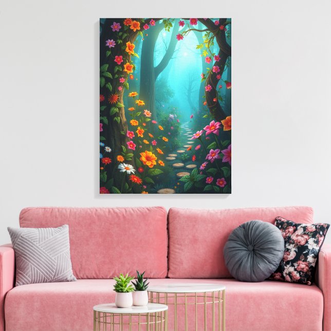 Magic Forest Pathway med Whimsical Wildblommor Canvastryck (Insitu (Vardagsrum))