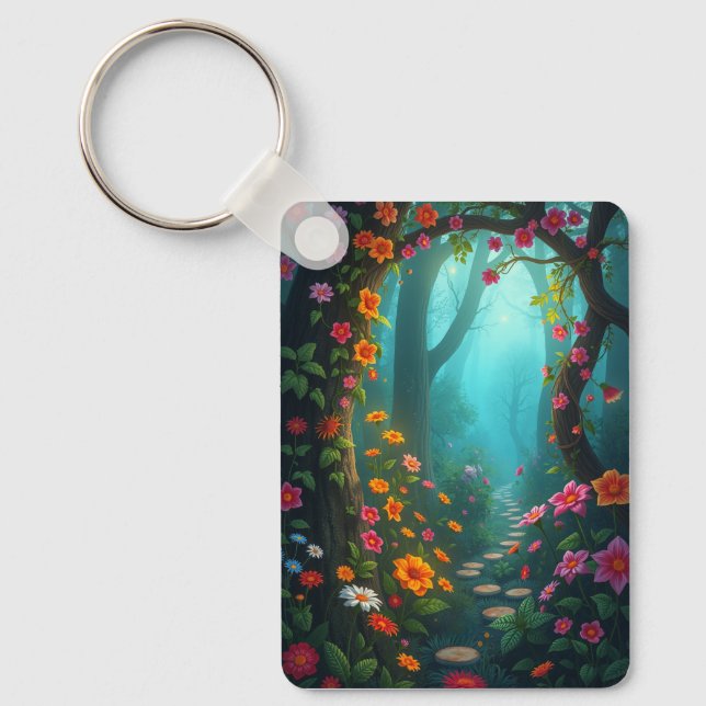Magic Forest Pathway med Whimsical Wildblommor Nyckelring (Framsida)