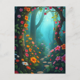 Magic Forest Pathway med Whimsical Wildblommor Vykort