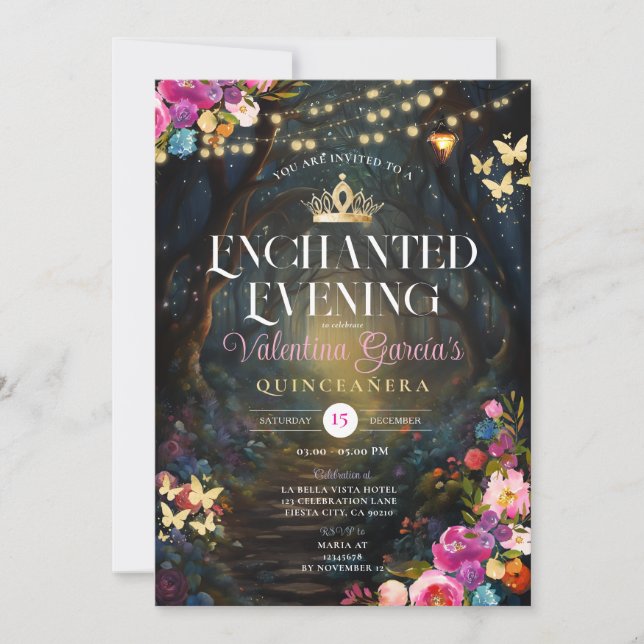 Magic Garden Quinceañera 15 Anos Flowers Guld Inbjudningar (Framsida)