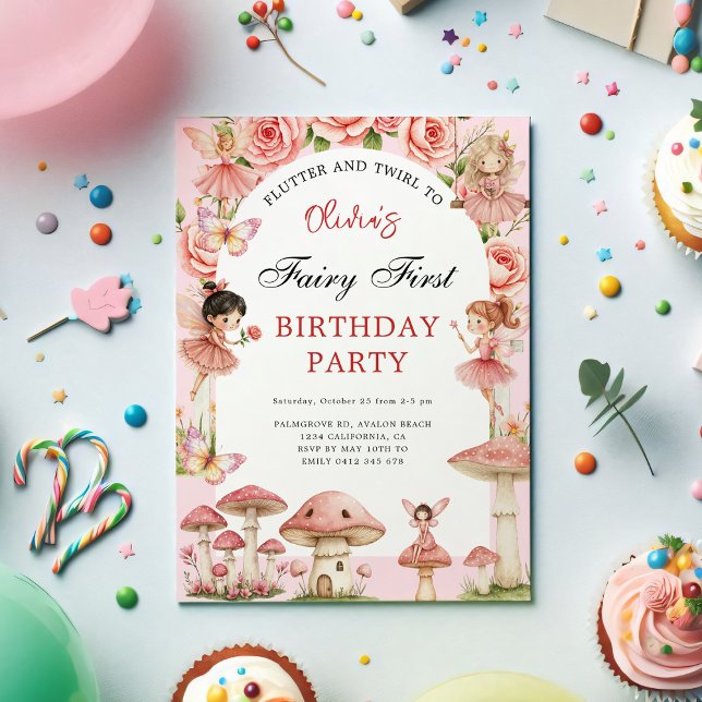 Magic Garden Rosa Älvor First 1St Birthday Inbjudningar (Magical Garden Pink Fairies First Birthday Invitation – Watercolor Floral 1st Birthday Party Invite)