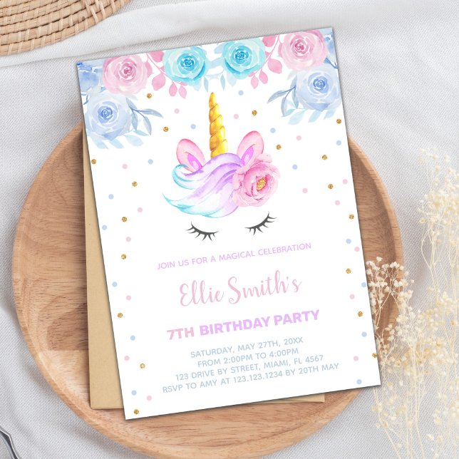 Magic Girl Party Card Inbjudningar (Pink Purple Green Floral Unicorn Invitations)