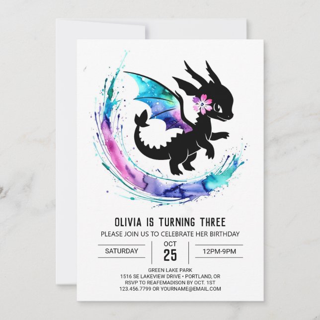 Magic Girly Dragon Digital Girl Birthday Inbjudningar (Framsida)