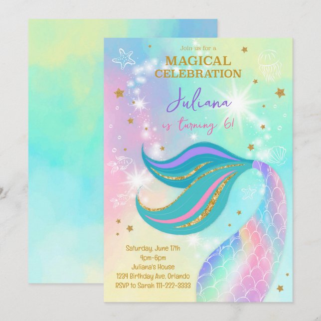Magic Glitter Colorful Sjöjungfru Birthday Inbjuda Inbjudningar (Fram/baksida)