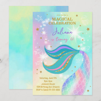 Magic Glitter Colorful Sjöjungfru Birthday Inbjuda Inbjudningar