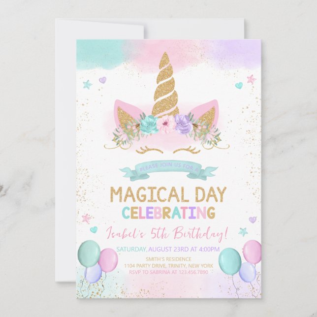 Magic Glitter Unicorn Birthday Inbjudningar (Framsida)