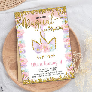 Magic Glitter Unicorn Birthday Investigations Inbjudningar