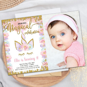 Magic Glitter Unicorn Birthday med foto Inbjudningar