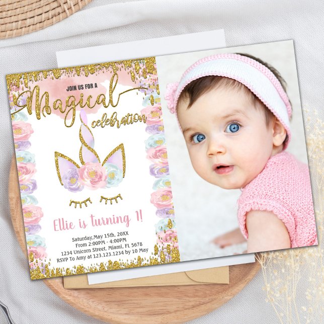 Magic Glitter Unicorn Birthday med foto Inbjudningar (Magical Glitter Unicorn Birthday with photo Invitation)