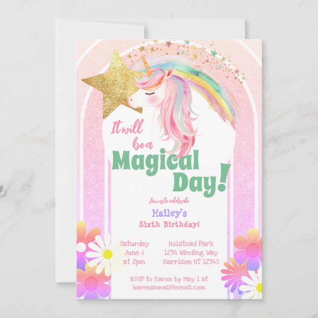Magic Glitter Unicorn sjätte födelsedag Inbjudningar (Framsida)