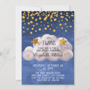 Magic Golden Stars Navy Blue Twillingars Baby Show Inbjudningar