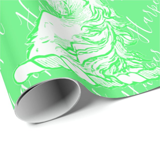 Magic Grönt Unicorn Mönster Custom Name Harper Presentpapper (Rullad Hörn)