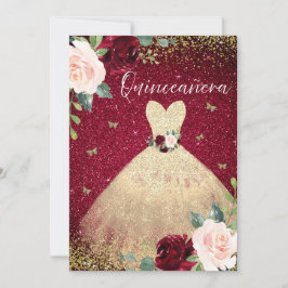 Magic Guld Dress Burgundy Red Blommigt Quinceanera Inbjudningar
