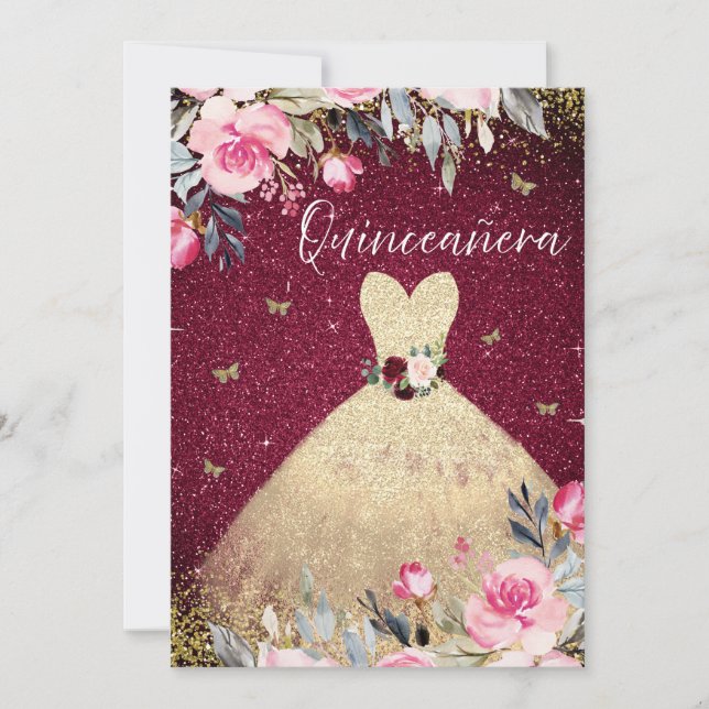 Magic Guld Dress  Rosa Blommigt Quinceanera Inbjudningar (Framsida)