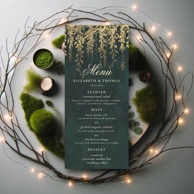 Magic Guld Foliage Bröllop Menu Meny (wedding menu card enchanted forest fairytale gold vines calligraphy)