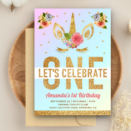 Magic Guld Glitter Unicorn 1:a födelsedagen Party Inbjudningar