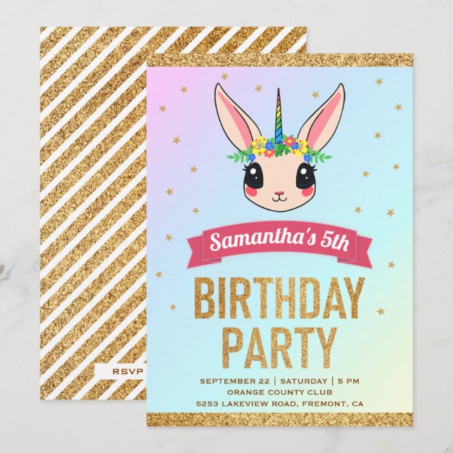 Magic Guld Glitter Unicorn Bunny Birthday Inbjudningar (Fram/baksida)