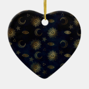 Magic Guld Måne Sol Stars Mörk blått mönster Julgransprydnad Keramik