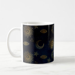 Magic Guld Måne Sol Stars Mörk blått mönster Kaffemugg