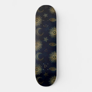 Magic Guld Måne Sol Stars Mörk blått mönster Mini Skateboard Bräda 18,5 Cm