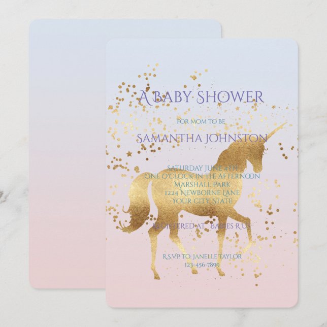 Magic Guld Unicorn Baby Shower Inbjudningar (Fram/baksida)