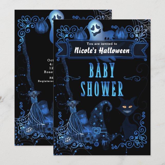 Magic Halloween Baby Shower Cat Blue Glow Ljus Inbjudningar (Fram/baksida)