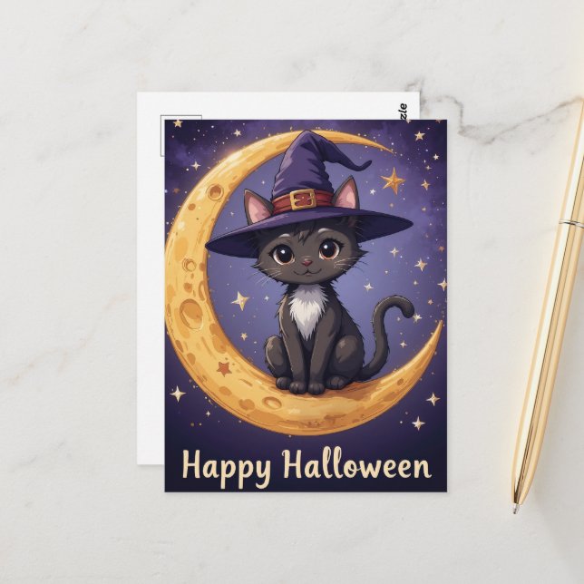 Magic Halloween Black Cat Witch Hat och Moonligh Vykort (Fram/Back In Situ)