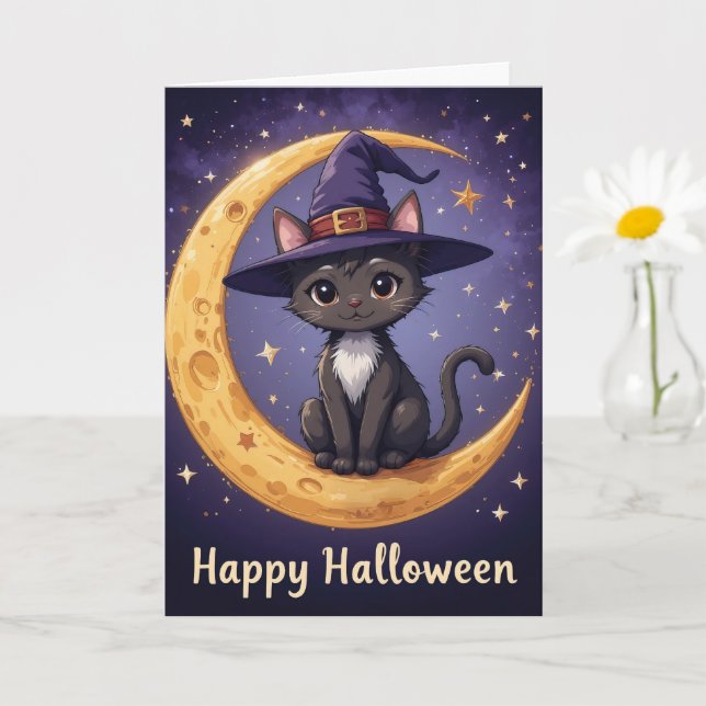Magic Halloween Black Cat Witch Hat och Moonlight Kort (Liten växt)
