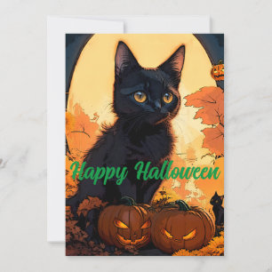 Magic Halloween Black Kat & Pumpkins Julkort