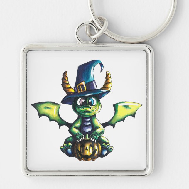 Magic Halloween Dragon Design Fyrkantig Silverfärgad Nyckelring (Framsidan)