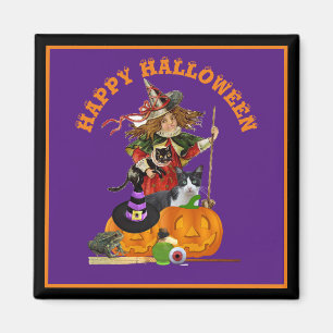 Magic Halloween med Witch Cats Lila Helgdag Magnet