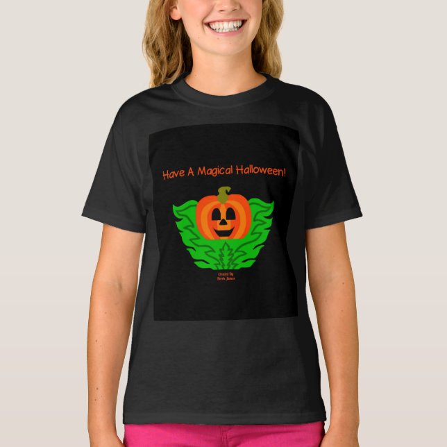 Magic Halloween Pumpkin Girls Black T Shirt (Framsida)